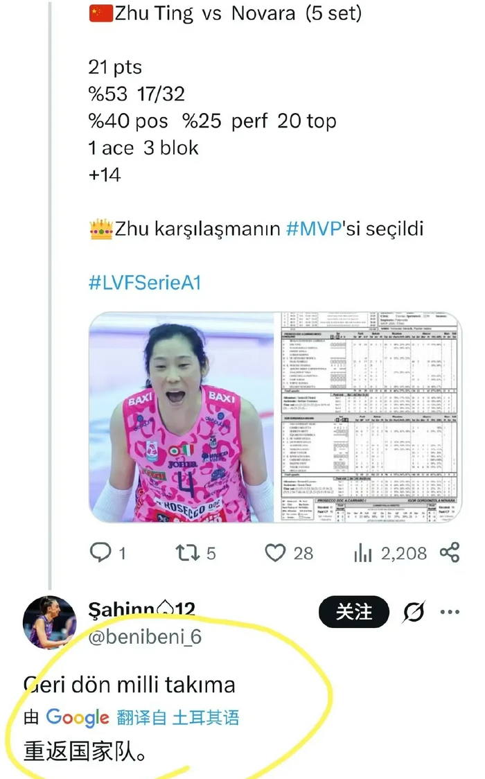 朱婷21分率队逆转诺瓦拉 科内利亚诺完成让二追