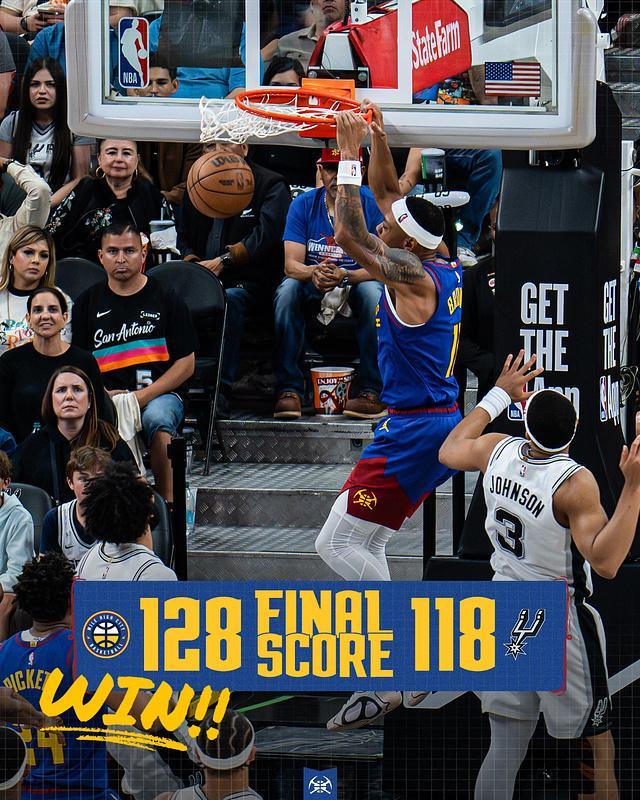 约基奇复出掘金客场大胜马刺锁定西部第三创历